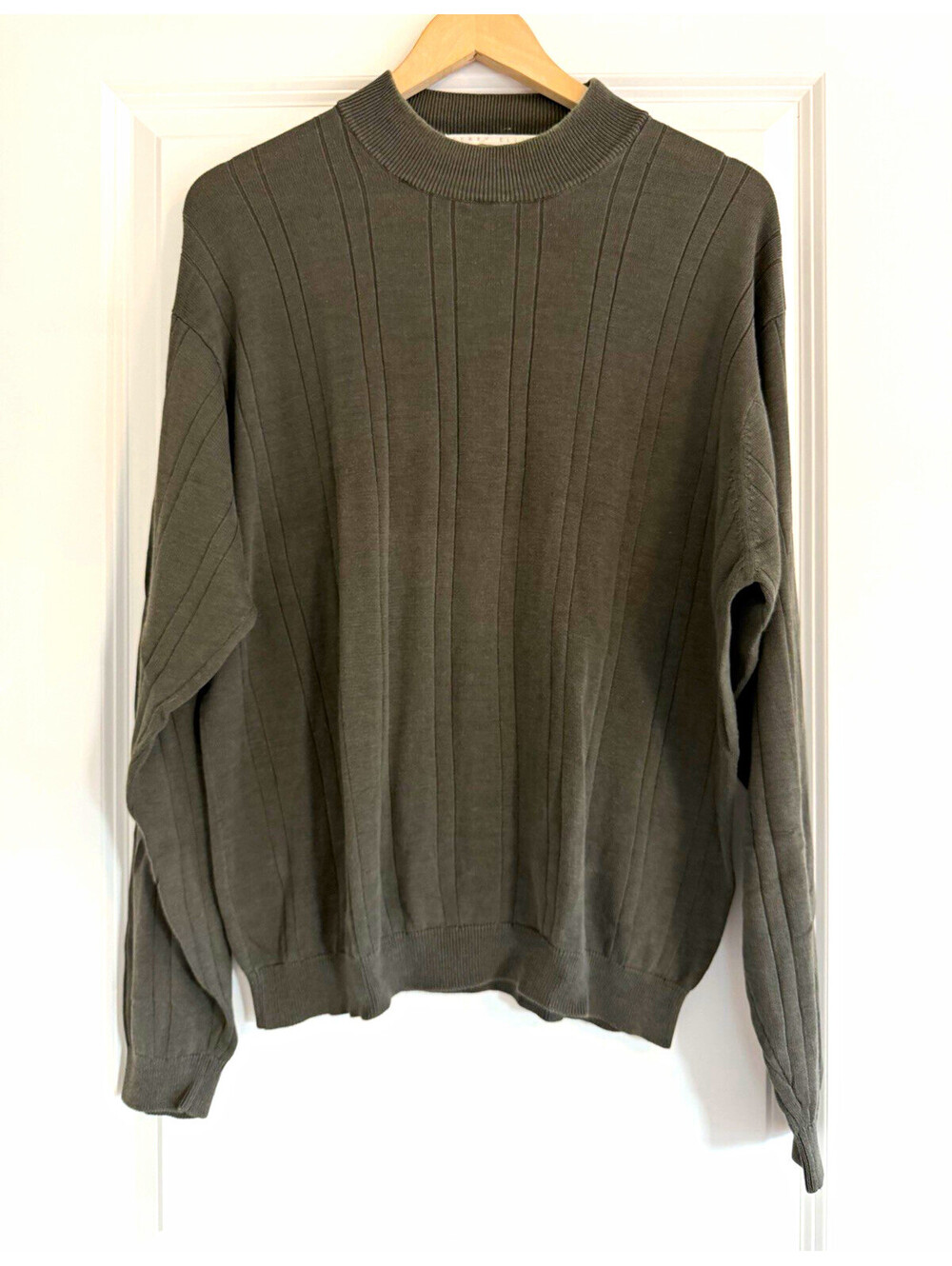 Perry Ellis Men's Ribbed Mock Neck Sweater Green Spun Silk Blend Size L Luxury